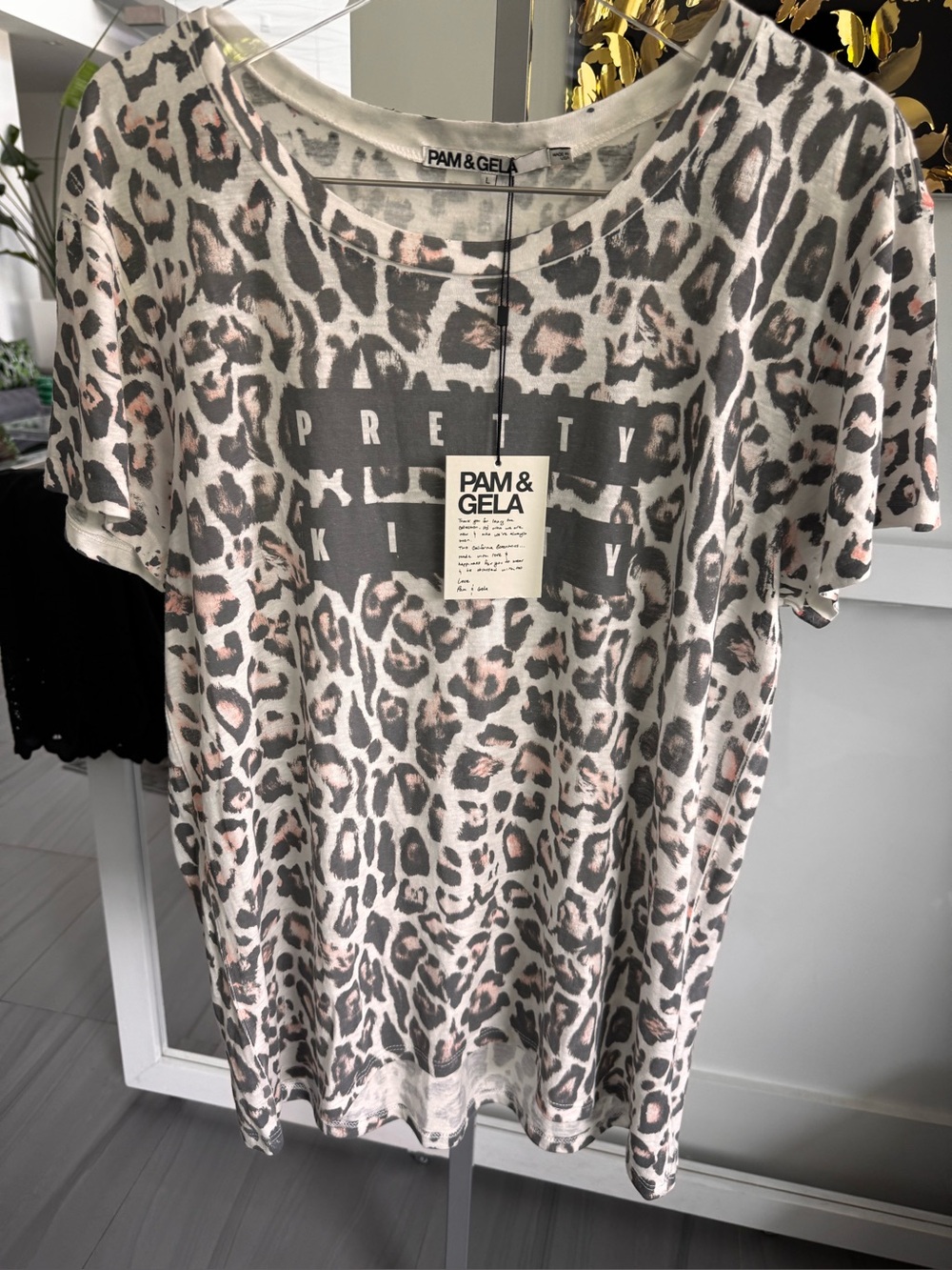 NWT Pam & Gela leopard print PRETTY KITTY graphic t-shirt  sz L $128